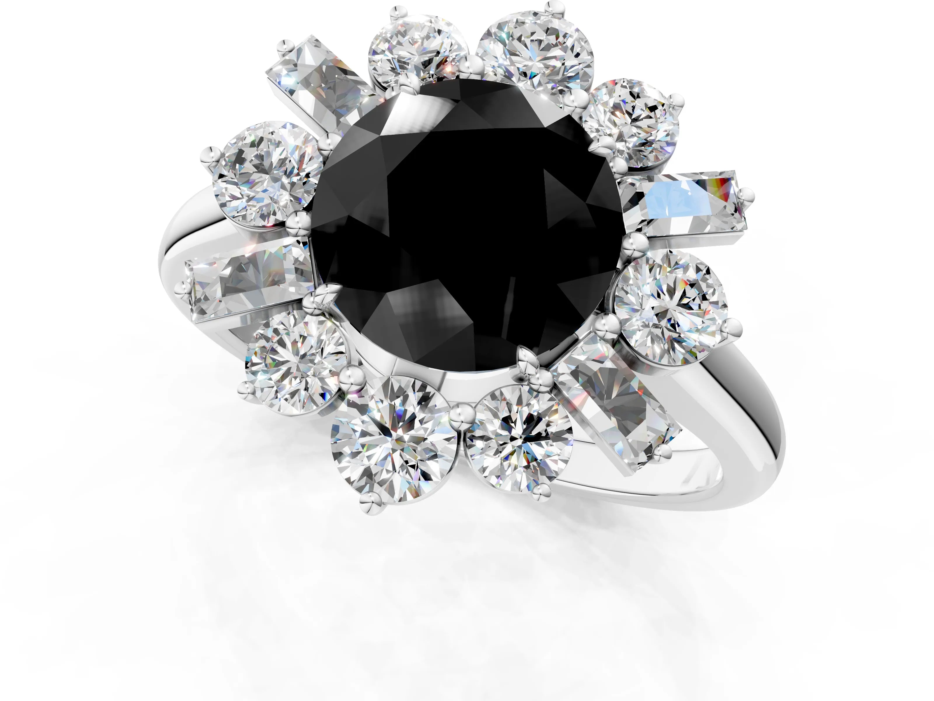 White gold Fancy Black Round Cut Diamond Cluster Ring with Round and Baguette Stones, Split Shank Band, Prong Setting_13