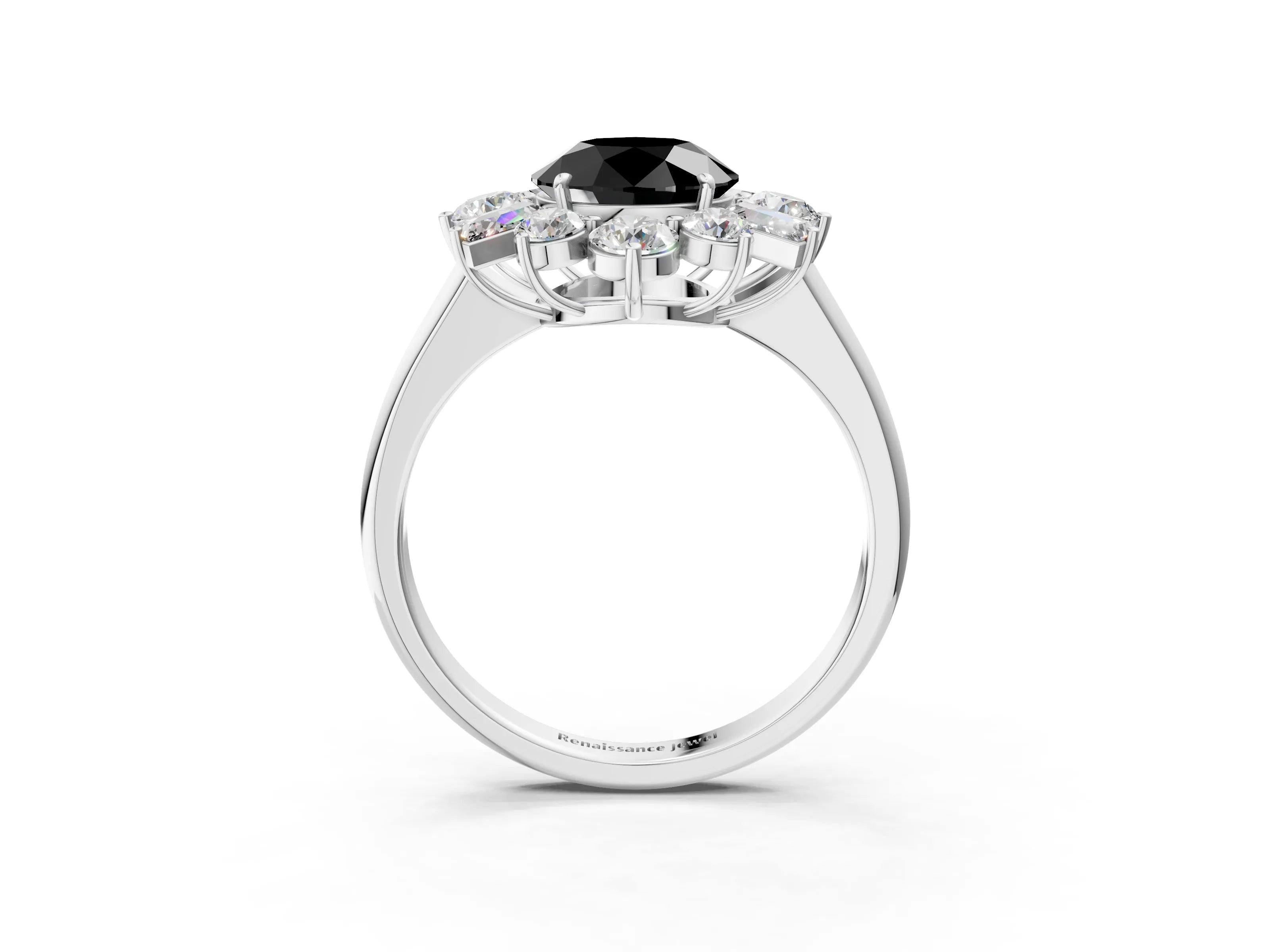 White gold Fancy Black Round Cut Diamond Cluster Ring with Round and Baguette Stones, Split Shank Band, Prong Setting_15