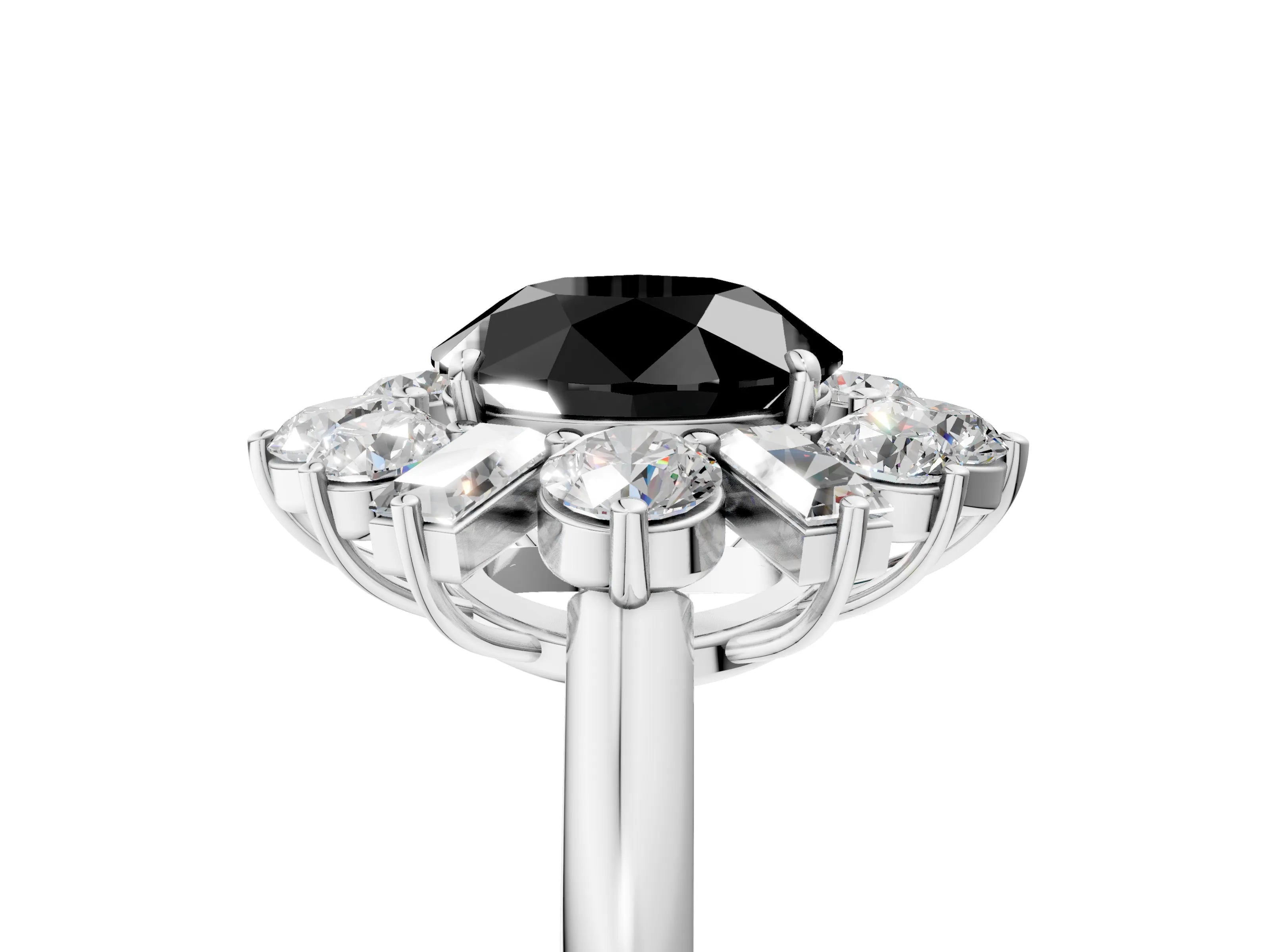 White gold Fancy Black Round Cut Diamond Cluster Ring with Round and Baguette Stones, Split Shank Band, Prong Setting_17