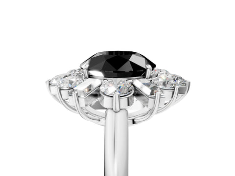 White gold Fancy Black Round Cut Diamond Cluster Ring with Round and Baguette Stones, Split Shank Band, Prong Setting_17