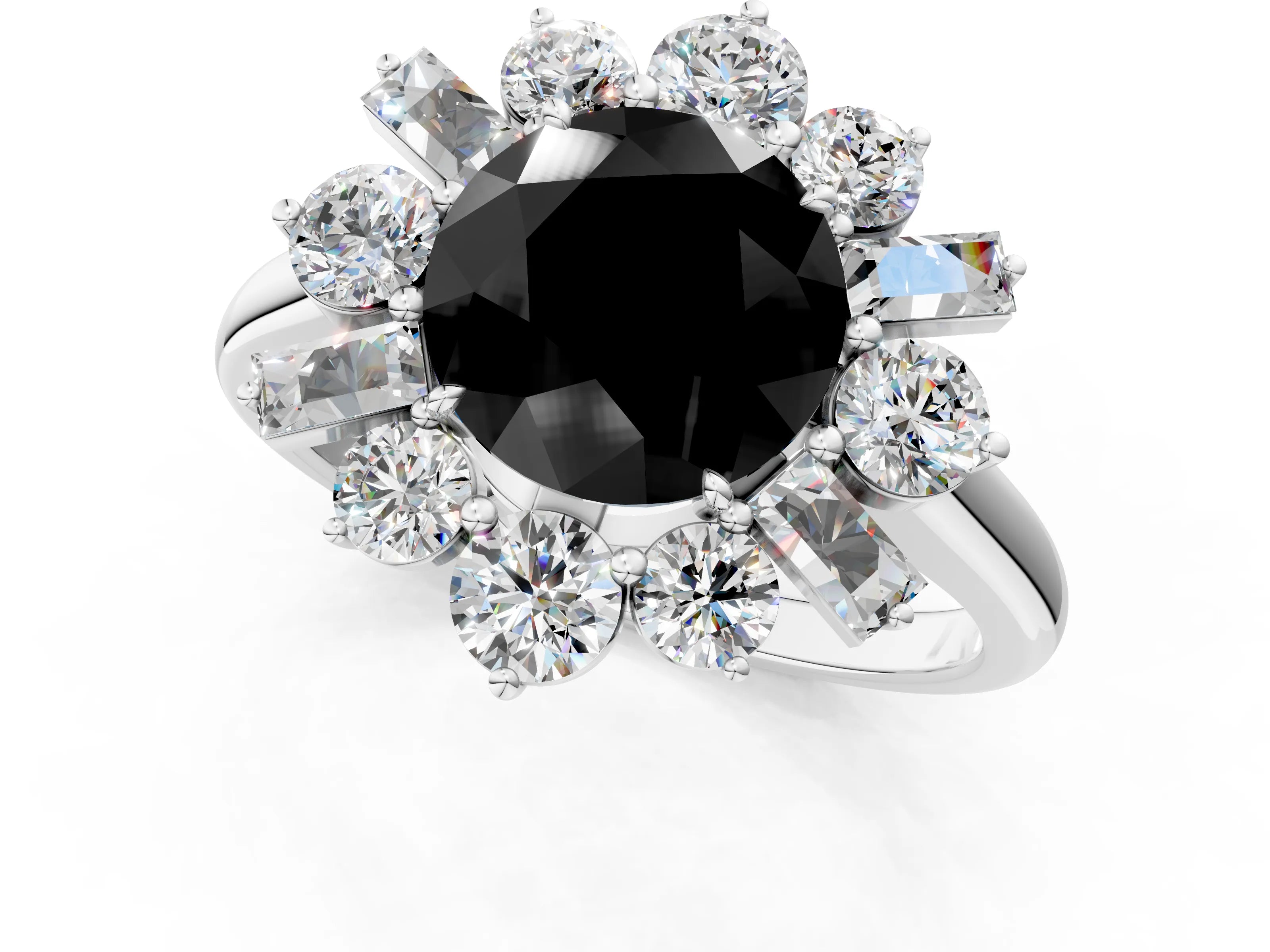 White gold Fancy Black Round Cut Diamond Cluster Ring with Round and Baguette Stones, Split Shank Band, Prong Setting_1