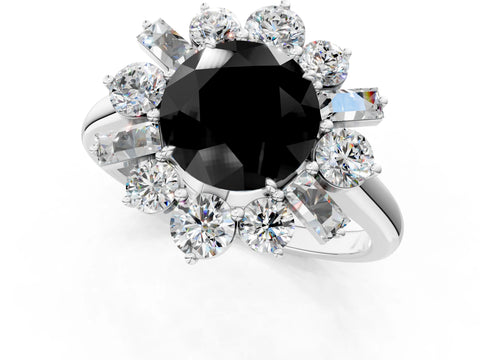 White gold Fancy Black Round Cut Diamond Cluster Ring with Round and Baguette Stones, Split Shank Band, Prong Setting_1