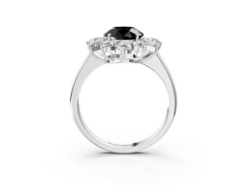 White gold Fancy Black Round Cut Diamond Cluster Ring with Round and Baguette Stones, Split Shank Band, Prong Setting_3