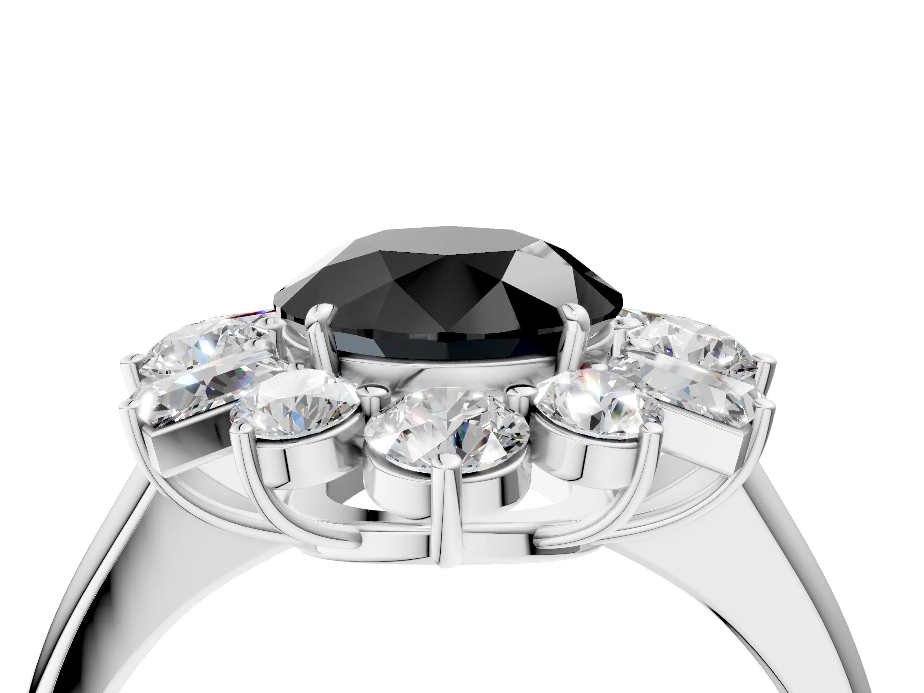 White gold Fancy Black Round Cut Diamond Cluster Ring with Round and Baguette Stones, Split Shank Band, Prong Setting_4