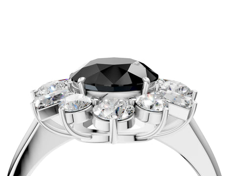 White gold Fancy Black Round Cut Diamond Cluster Ring with Round and Baguette Stones, Split Shank Band, Prong Setting_4
