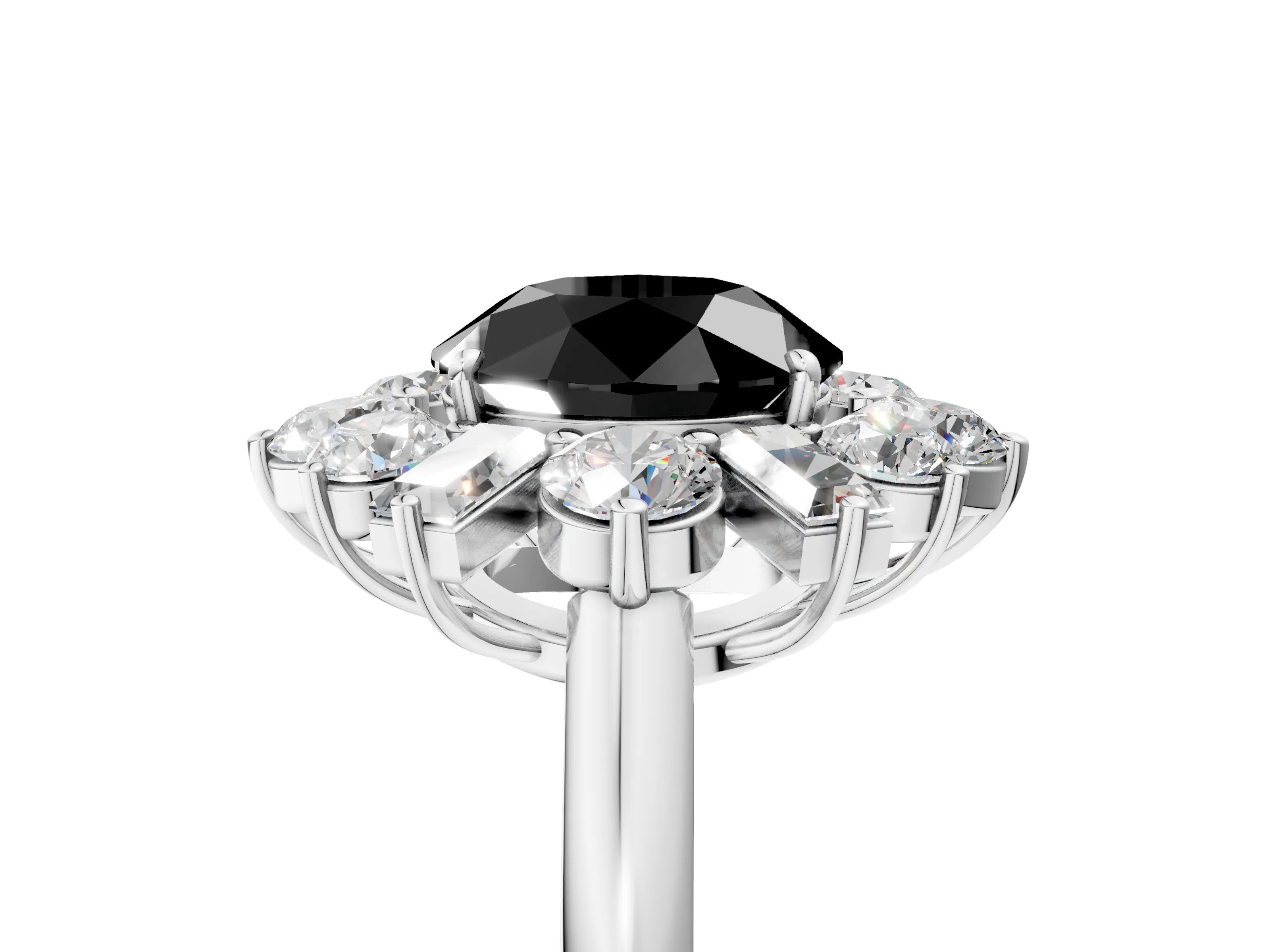 White gold Fancy Black Round Cut Diamond Cluster Ring with Round and Baguette Stones, Split Shank Band, Prong Setting_5