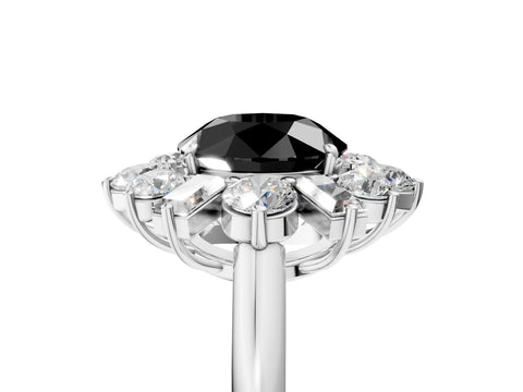 White gold Fancy Black Round Cut Diamond Cluster Ring with Round and Baguette Stones, Split Shank Band, Prong Setting_5