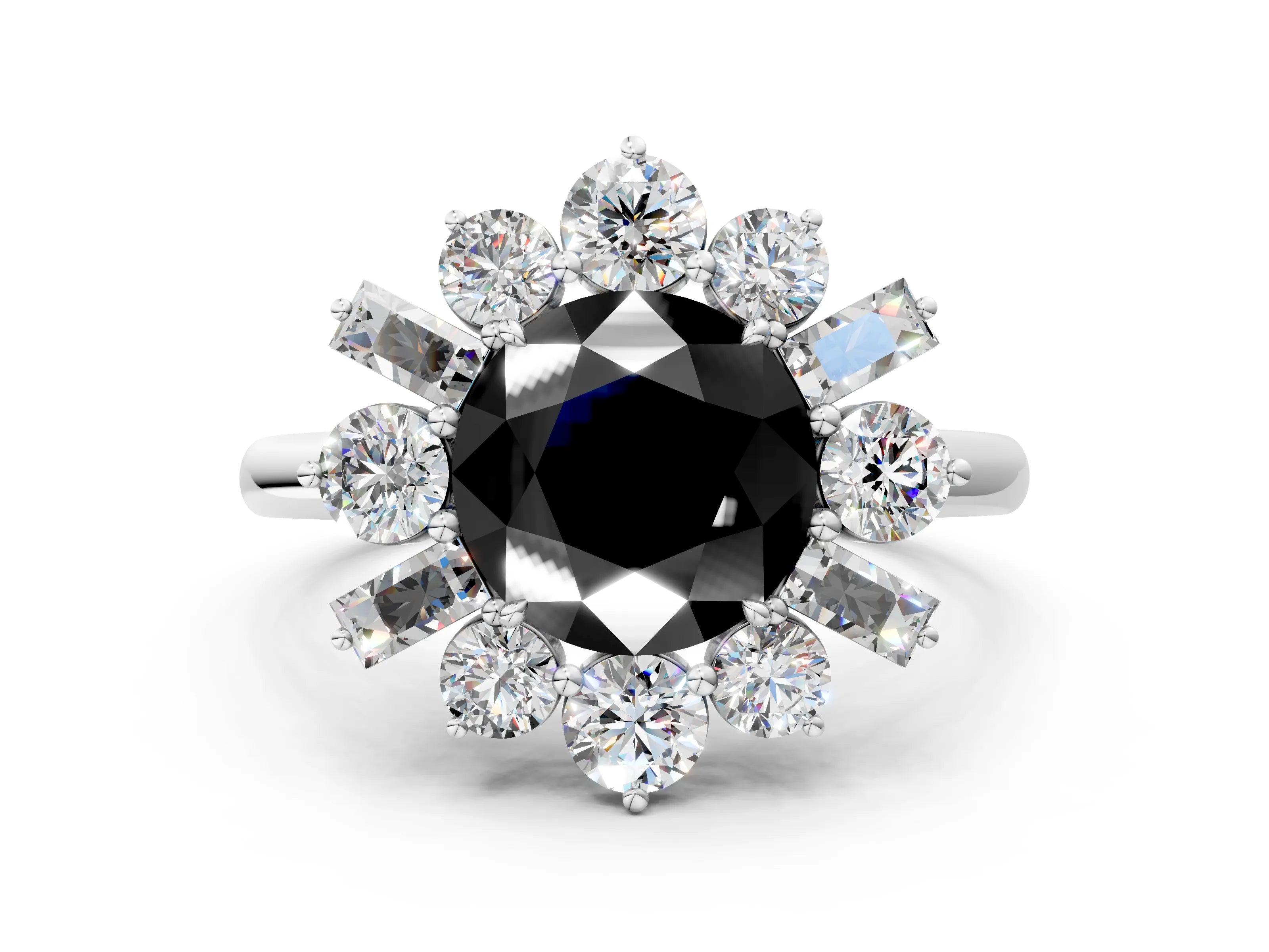 White gold Fancy Black Round Cut Diamond Cluster Ring with Round and Baguette Stones, Split Shank Band, Prong Setting