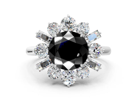 White gold Fancy Black Round Cut Diamond Cluster Ring with Round and Baguette Stones, Split Shank Band, Prong Setting