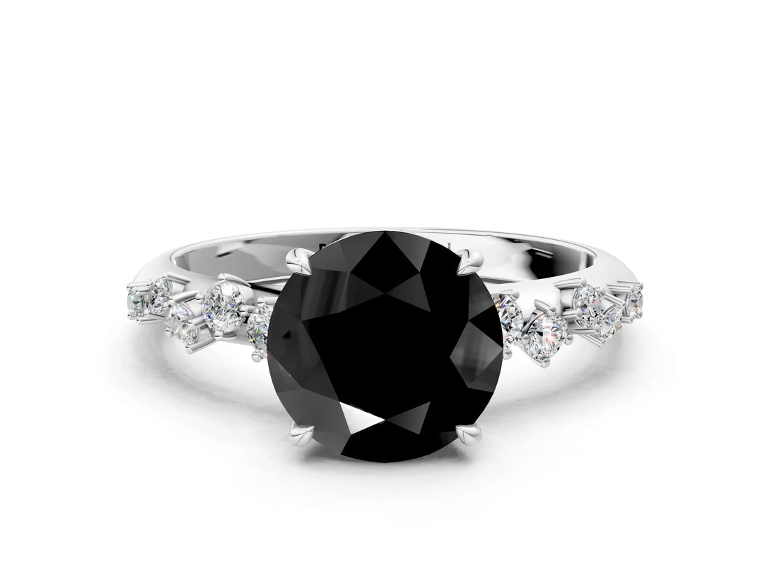 White gold Fancy Black Round Cut Diamond Cluster Side Stone Solitaire Ring with Prong Setting_48
