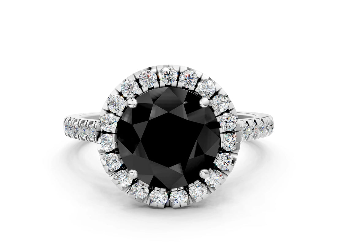 White gold Fancy Black Round Cut Diamond Cushion Halo Ring with Pavé Band