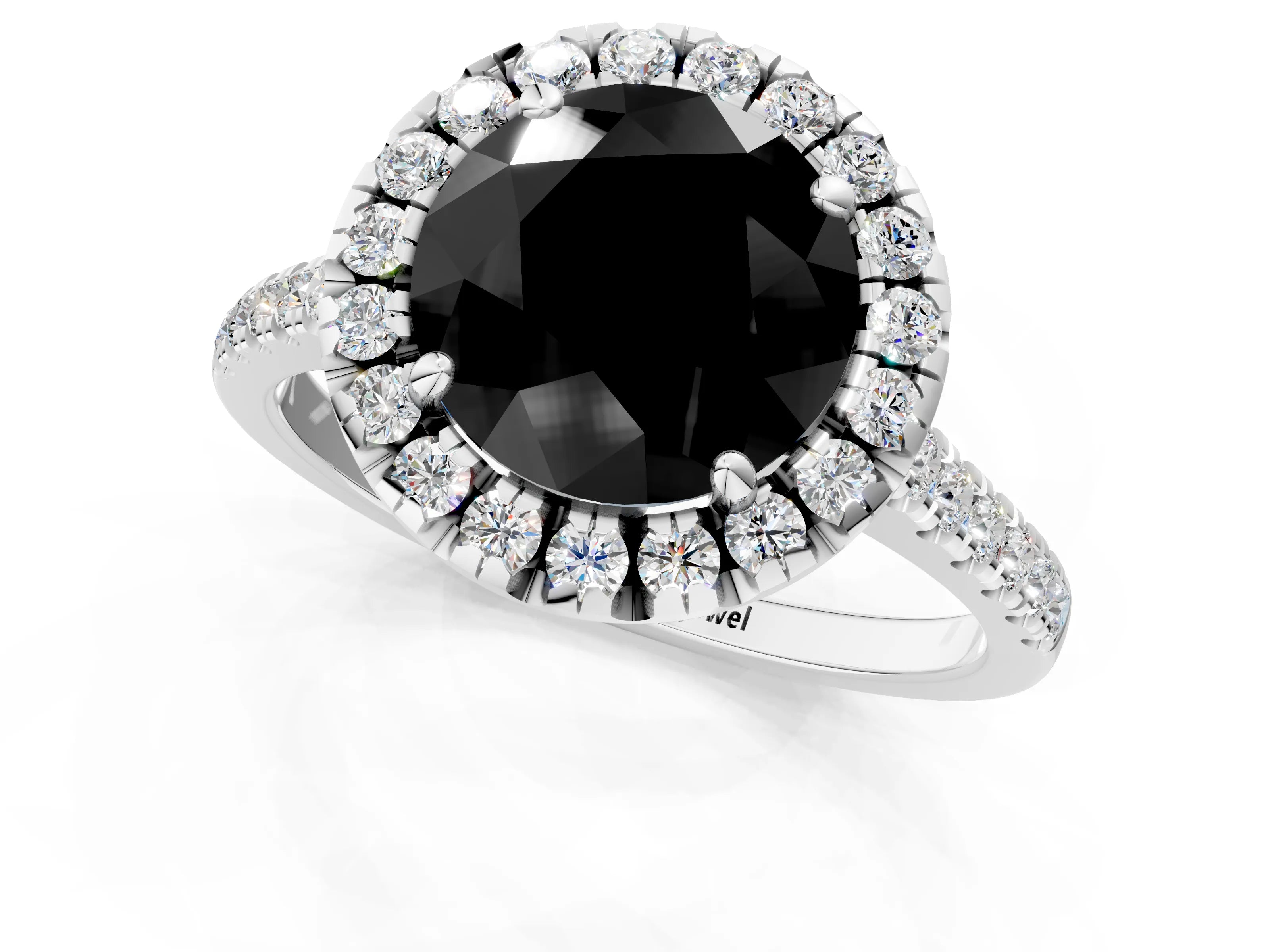 White gold Fancy Black Round Cut Diamond Cushion Halo Ring with Pavé Band_1