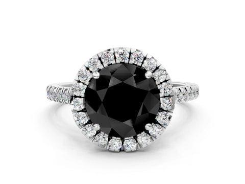 White gold Fancy Black Round Cut Diamond Cushion Halo Ring with Pavé Band_12