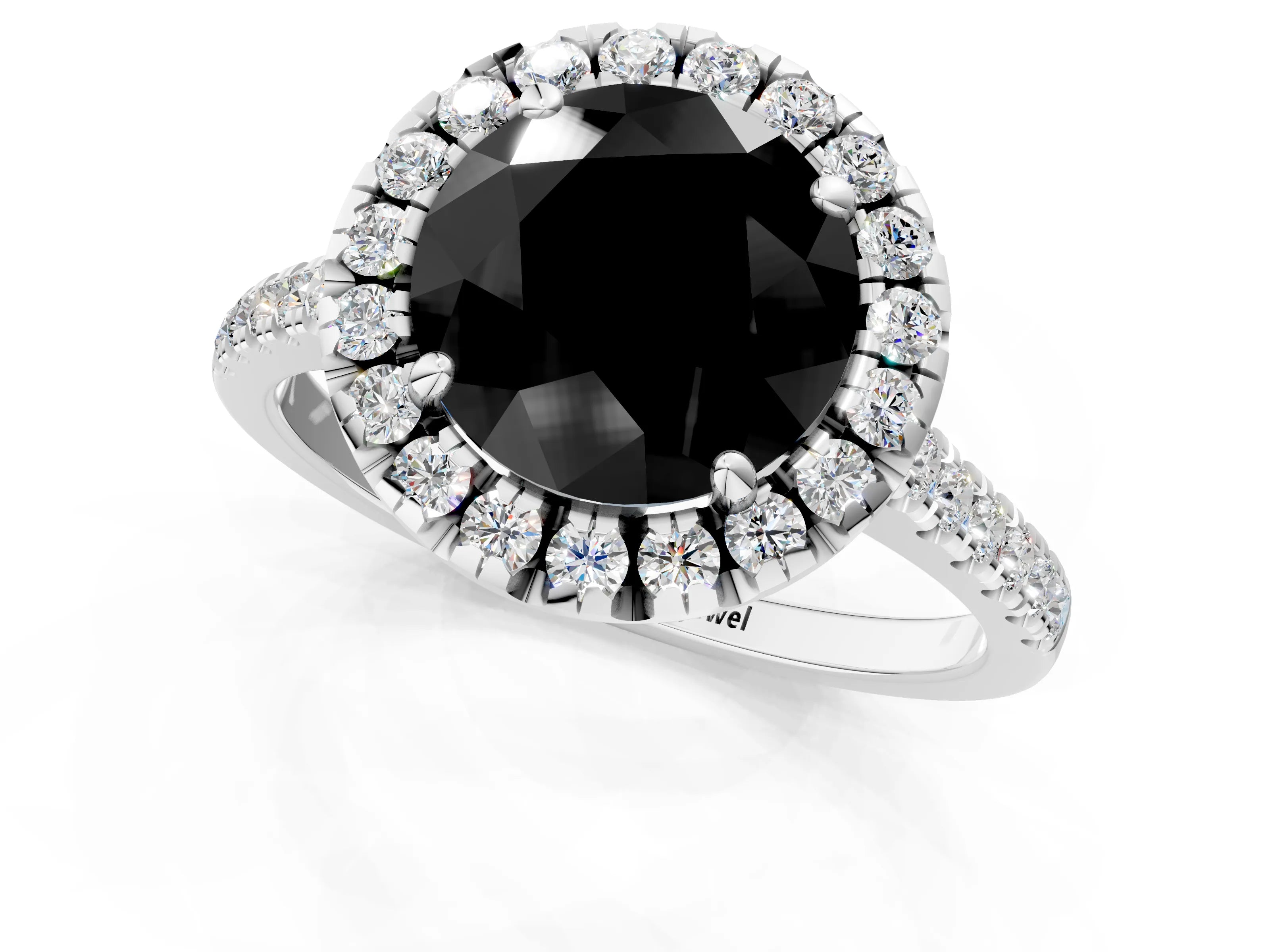 White gold Fancy Black Round Cut Diamond Cushion Halo Ring with Pavé Band_1