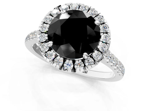 White gold Fancy Black Round Cut Diamond Cushion Halo Ring with Pavé Band_1
