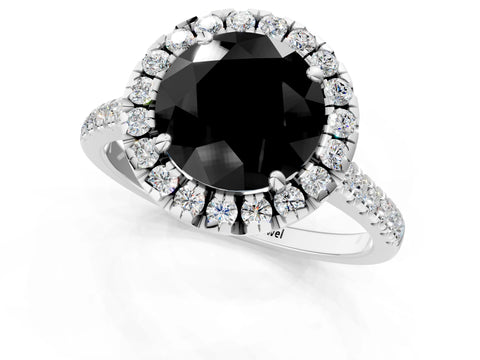 White gold Fancy Black Round Cut Diamond Cushion Halo Ring with Pavé Band_1