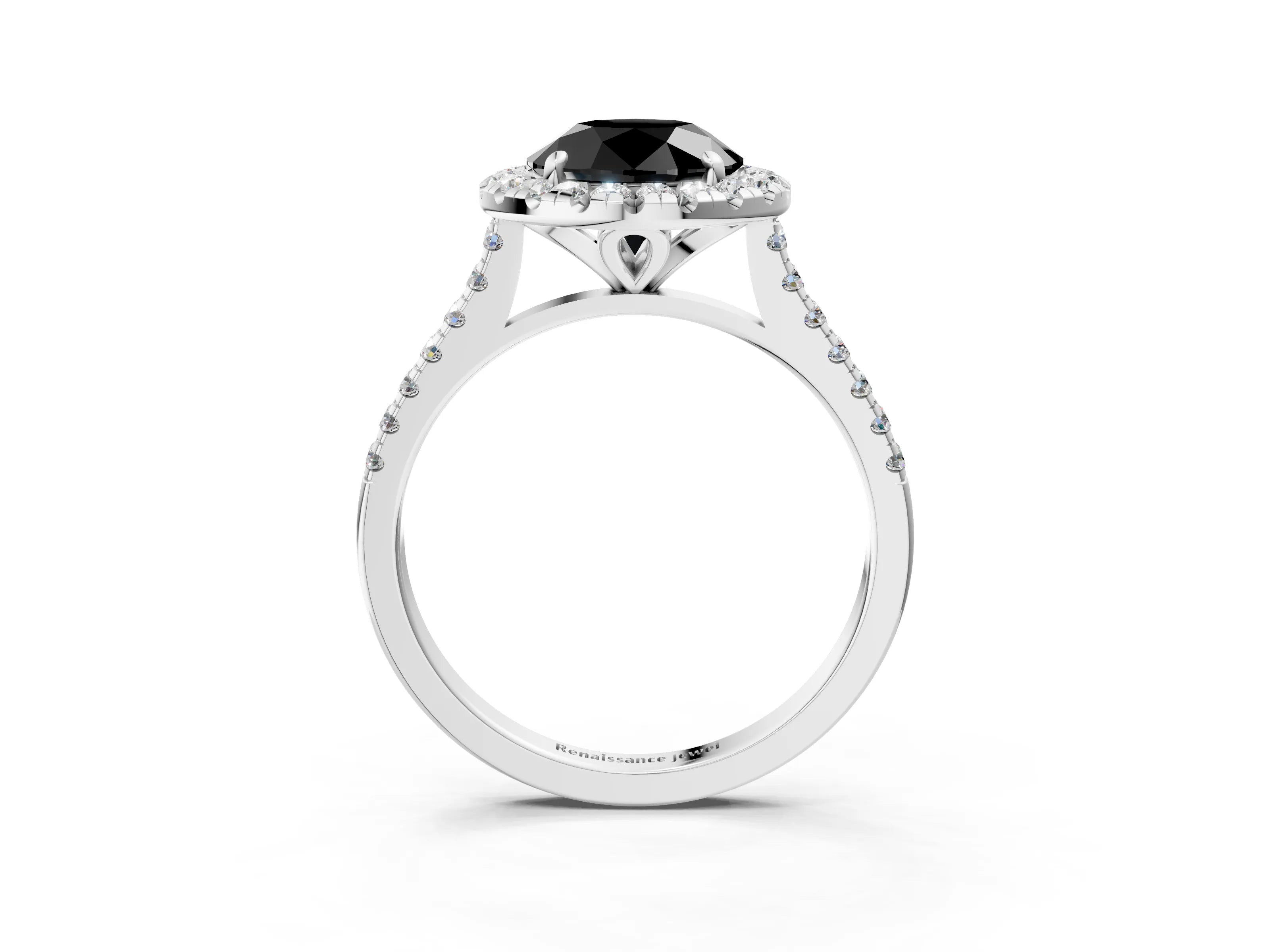 White gold Fancy Black Round Cut Diamond Cushion Halo Ring with Pavé Band_3