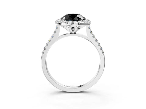 White gold Fancy Black Round Cut Diamond Cushion Halo Ring with Pavé Band_3