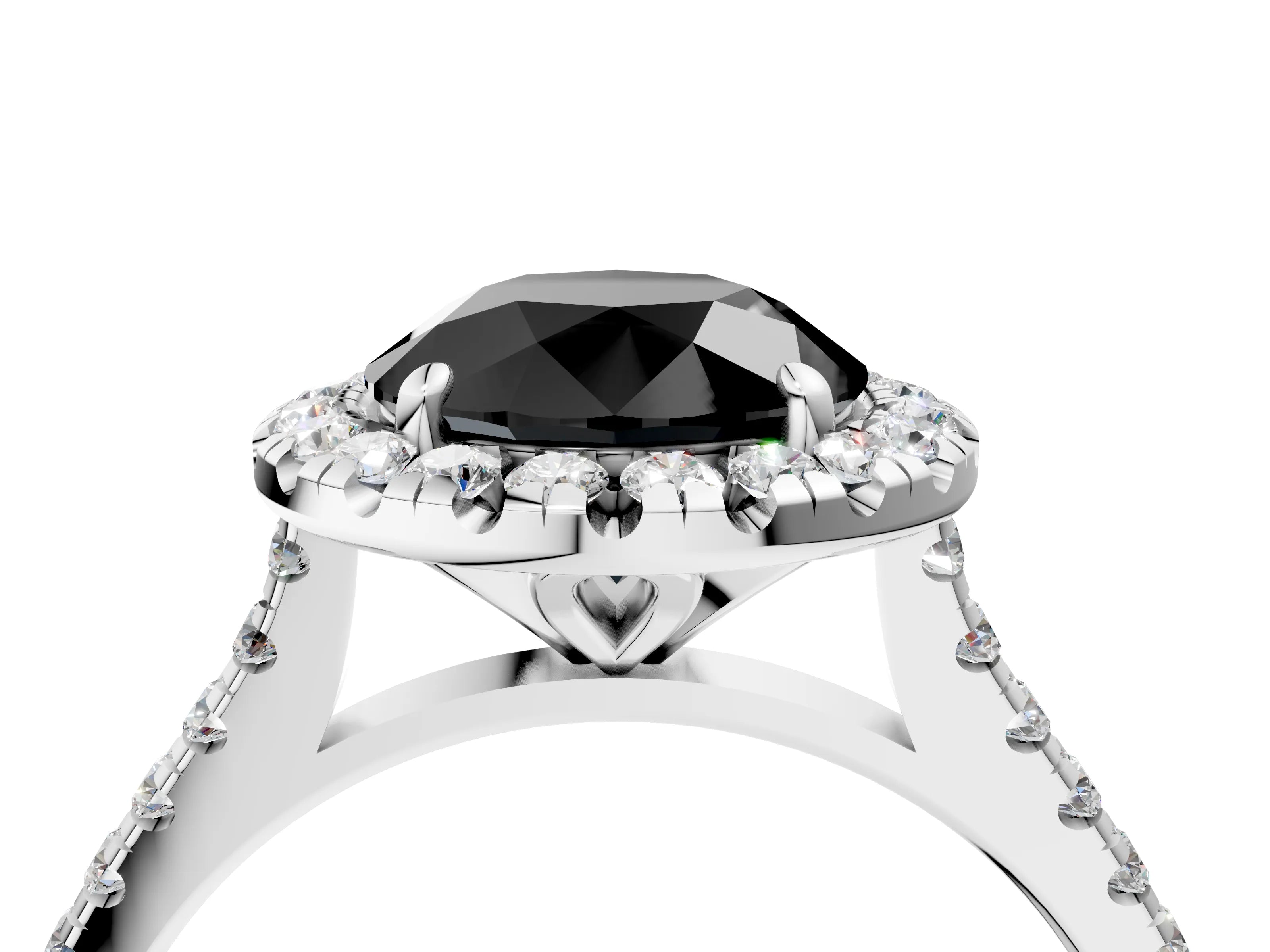 White gold Fancy Black Round Cut Diamond Cushion Halo Ring with Pavé Band_4