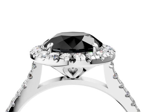 White gold Fancy Black Round Cut Diamond Cushion Halo Ring with Pavé Band_4