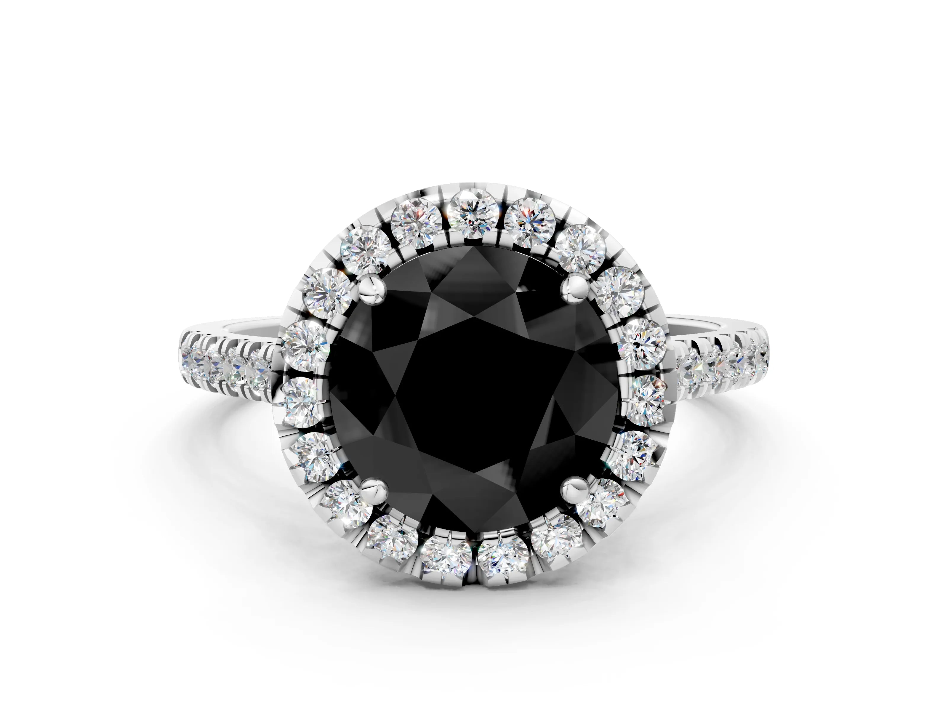 White gold Fancy Black Round Cut Diamond Cushion Halo Ring with Pavé Band