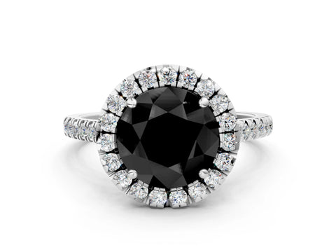 White gold Fancy Black Round Cut Diamond Cushion Halo Ring with Pavé Band