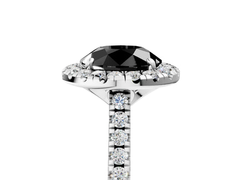 White gold Fancy Black Round Cut Diamond Cushion Halo Ring with Pavé Band_5