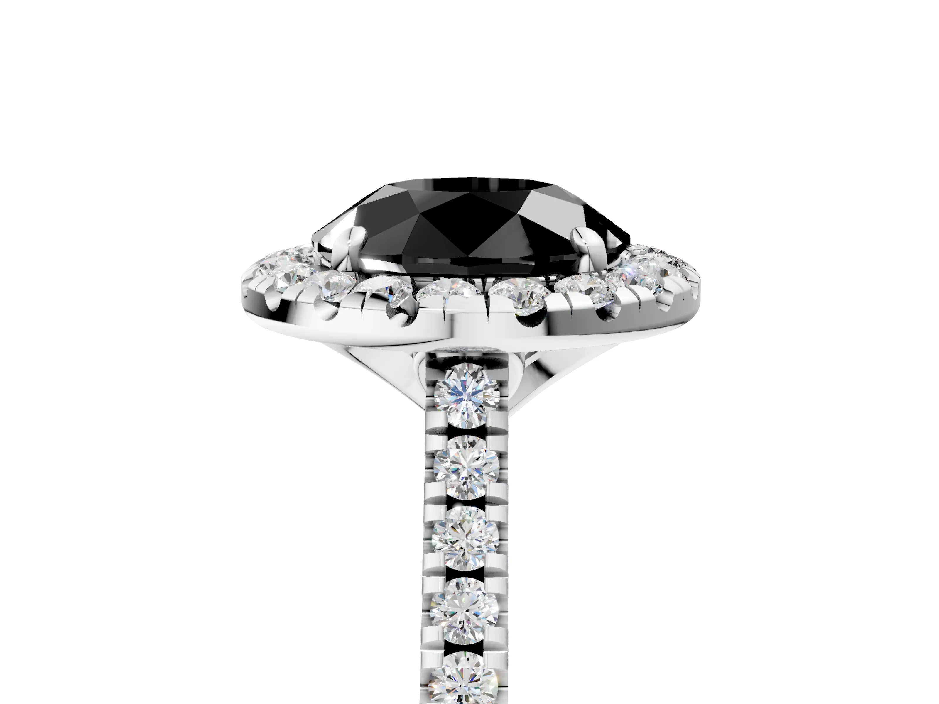 White gold Fancy Black Round Cut Diamond Cushion Halo Ring with Pavé Band_5