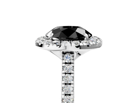 White gold Fancy Black Round Cut Diamond Cushion Halo Ring with Pavé Band_5