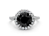 White gold Fancy Black Round Cut Diamond Cushion Halo Ring with Pavé Band