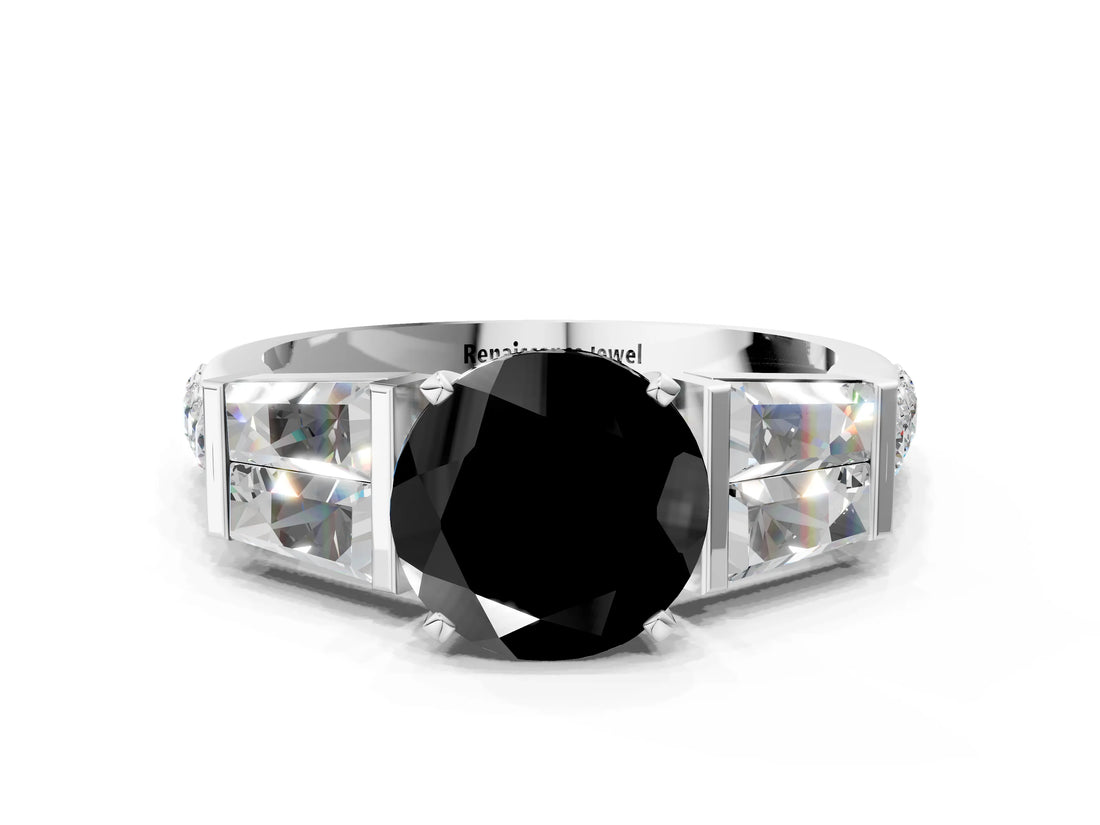 White gold Fancy Black Round Cut Diamond Engagement Ring with Baguette Side Stones and Channel Set Band_24