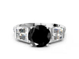 White gold Fancy Black Round Cut Diamond Engagement Ring with Baguette Side Stones and Channel Set Band_24