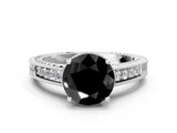 White gold Fancy Black Round Cut Diamond Engagement Ring with Milgrain Channel Set Band and Prong Setting