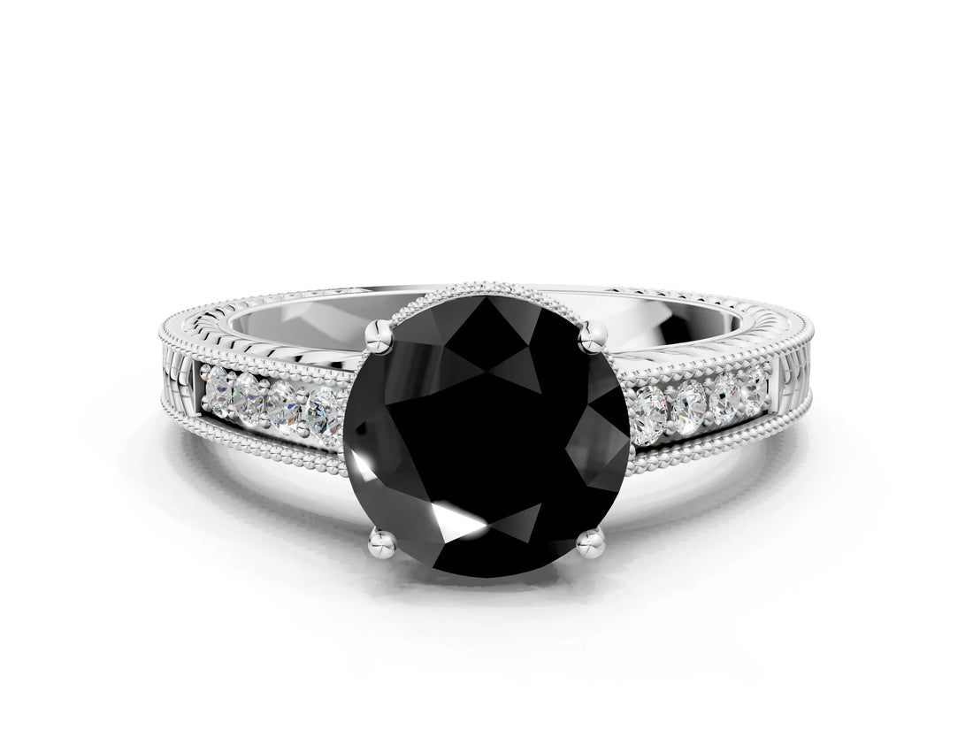 White gold Fancy Black Round Cut Diamond Engagement Ring with Milgrain Channel Set Band and Prong Setting