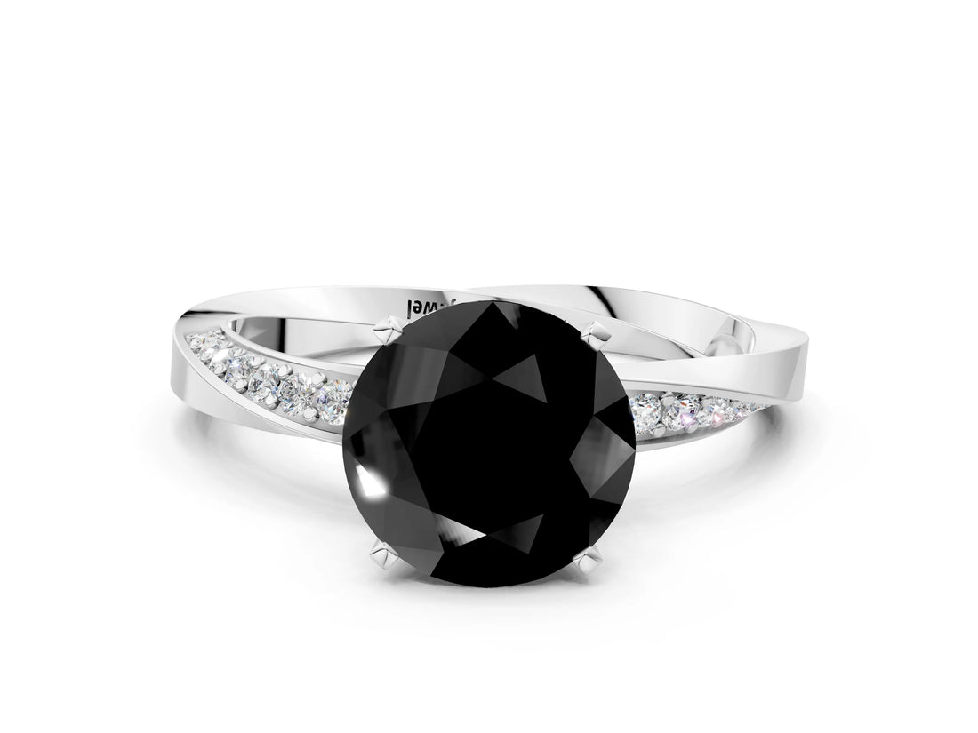 White gold Fancy Black Round Cut Diamond Engagement Ring with Side Stone Accents and Four-Prong Setting_24