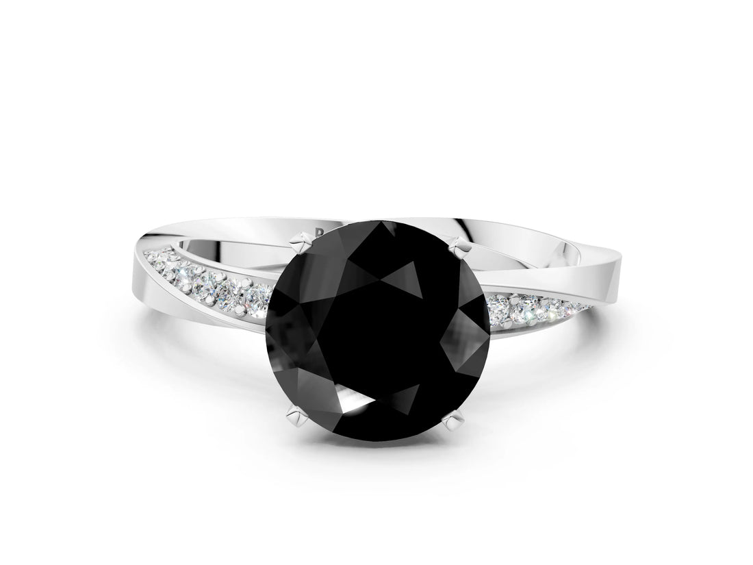 White gold Fancy Black Round Cut Diamond Engagement Ring with Side Stone Accents and Four-Prong Setting_72