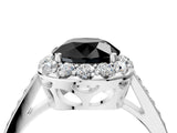 White gold Fancy Black Round Cut Diamond Floral Halo Ring with Pavé Band and Prong Setting_11