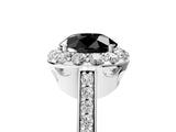 White gold Fancy Black Round Cut Diamond Floral Halo Ring with Pavé Band and Prong Setting_12