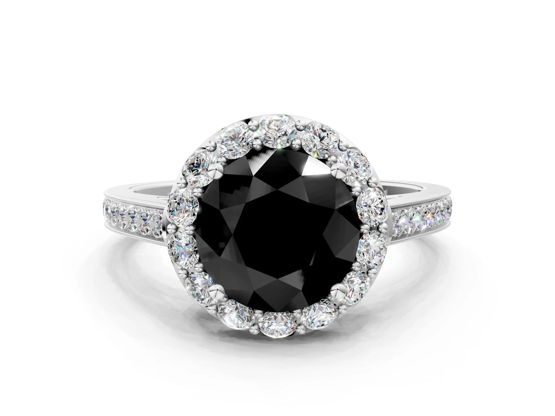 White gold Fancy Black Round Cut Diamond Floral Halo Ring with Pavé Band and Prong Setting_7