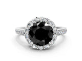 White gold Fancy Black Round Cut Diamond Floral Halo Ring with Pavé Band and Prong Setting_7