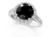 White gold Fancy Black Round Cut Diamond Floral Halo Ring with Pavé Band and Prong Setting_8