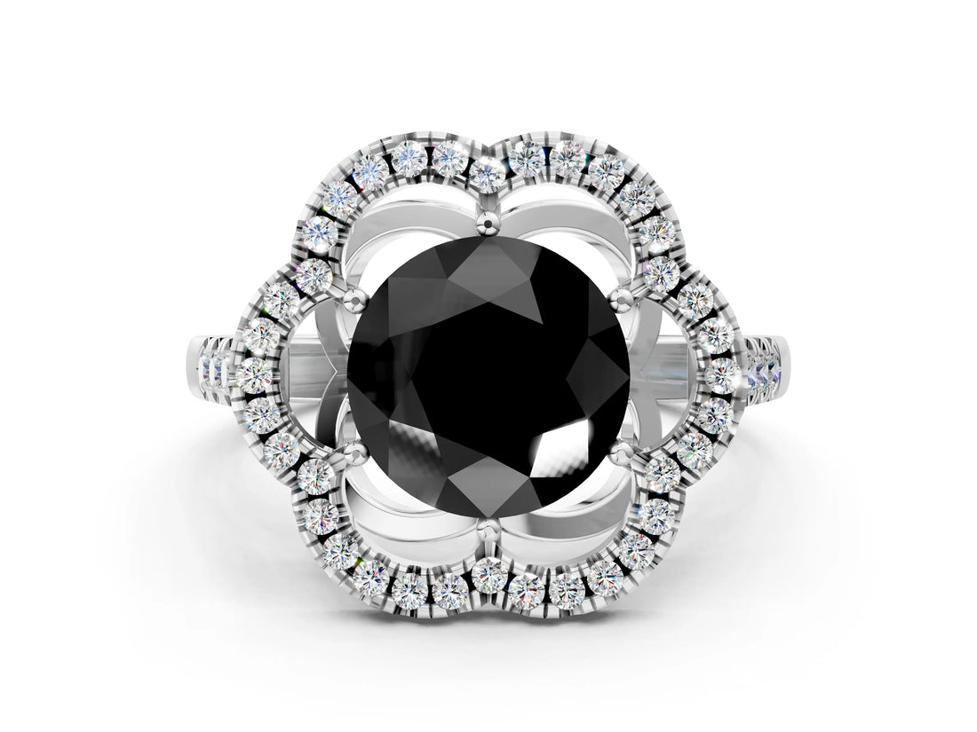 White gold Fancy Black Round Cut Diamond Floral Halo Split Shank Prong Setting Ring_12