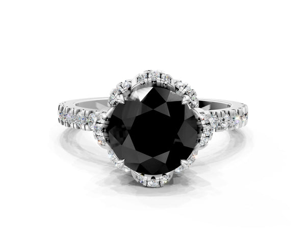 Platinum Round Four Petal Floral Halo Engagement Ring Setting for Black Center