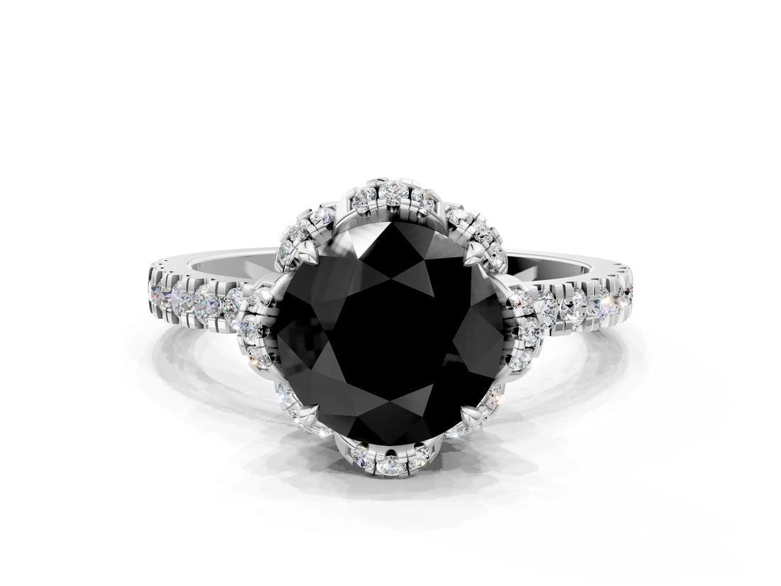 White gold Fancy Black Round Cut Diamond Halo Pave Band with Four-Prong Setting_3