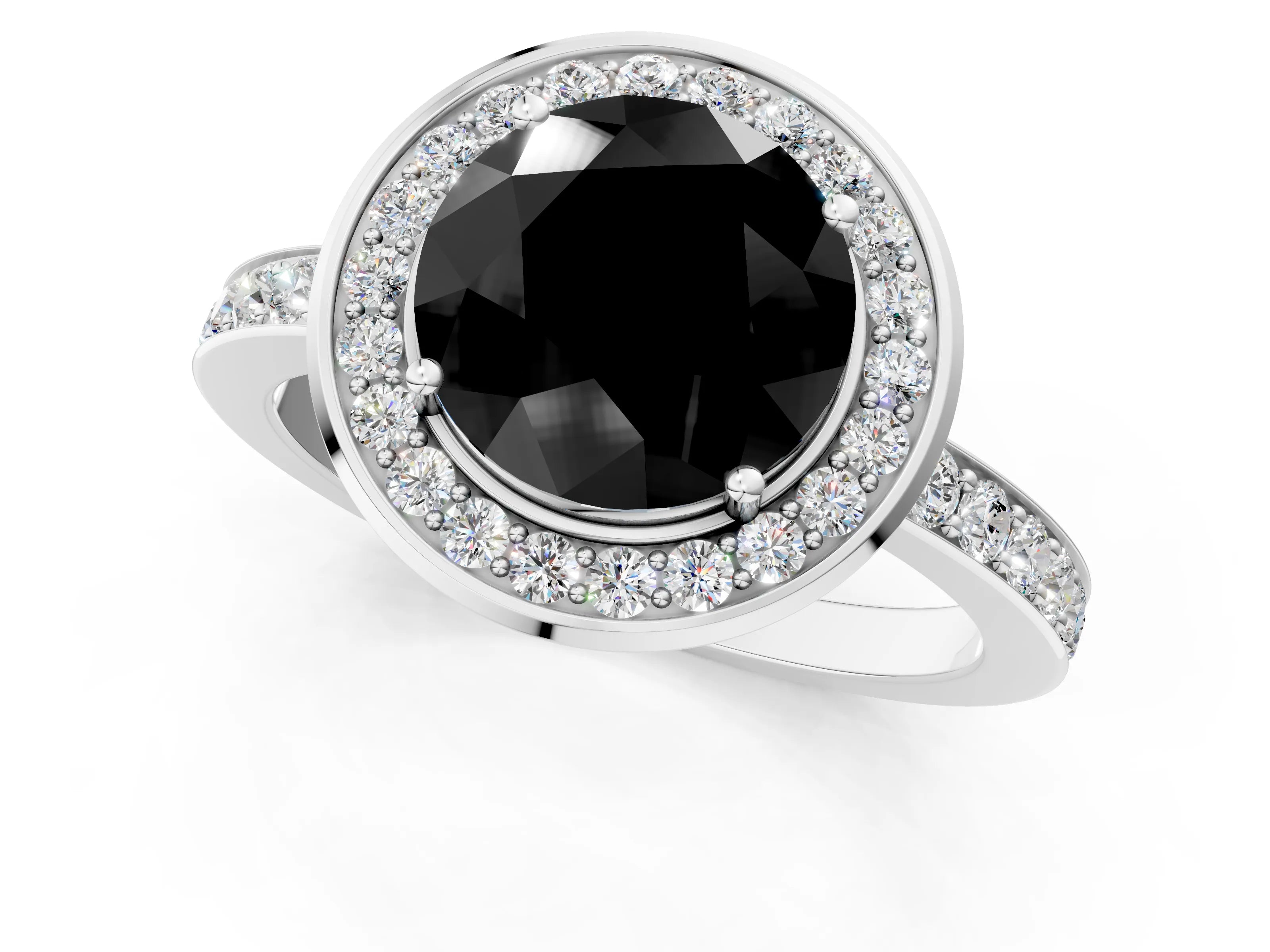 White gold Fancy Black Round Cut Diamond Halo Ring with Bezel Frame and Pavé Band_1