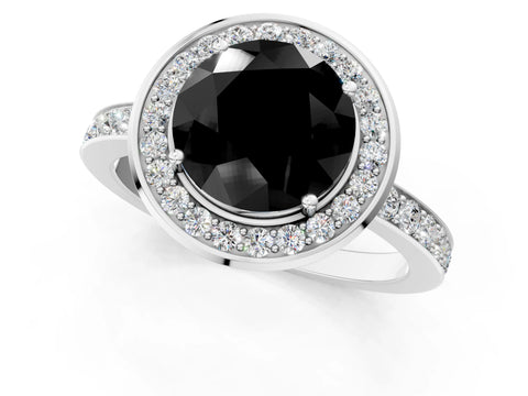 White gold Fancy Black Round Cut Diamond Halo Ring with Bezel Frame and Pavé Band_1