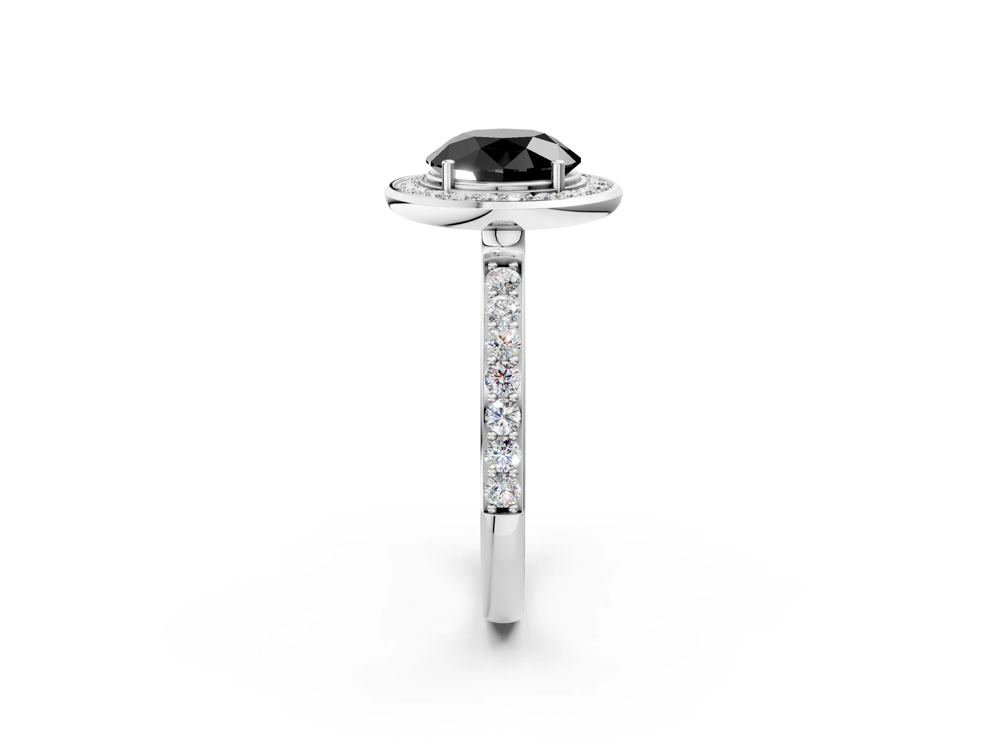 White gold Fancy Black Round Cut Diamond Halo Ring with Bezel Frame and Pavé Band_2