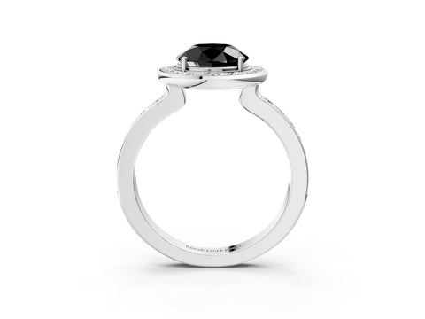 White gold Fancy Black Round Cut Diamond Halo Ring with Bezel Frame and Pavé Band_3