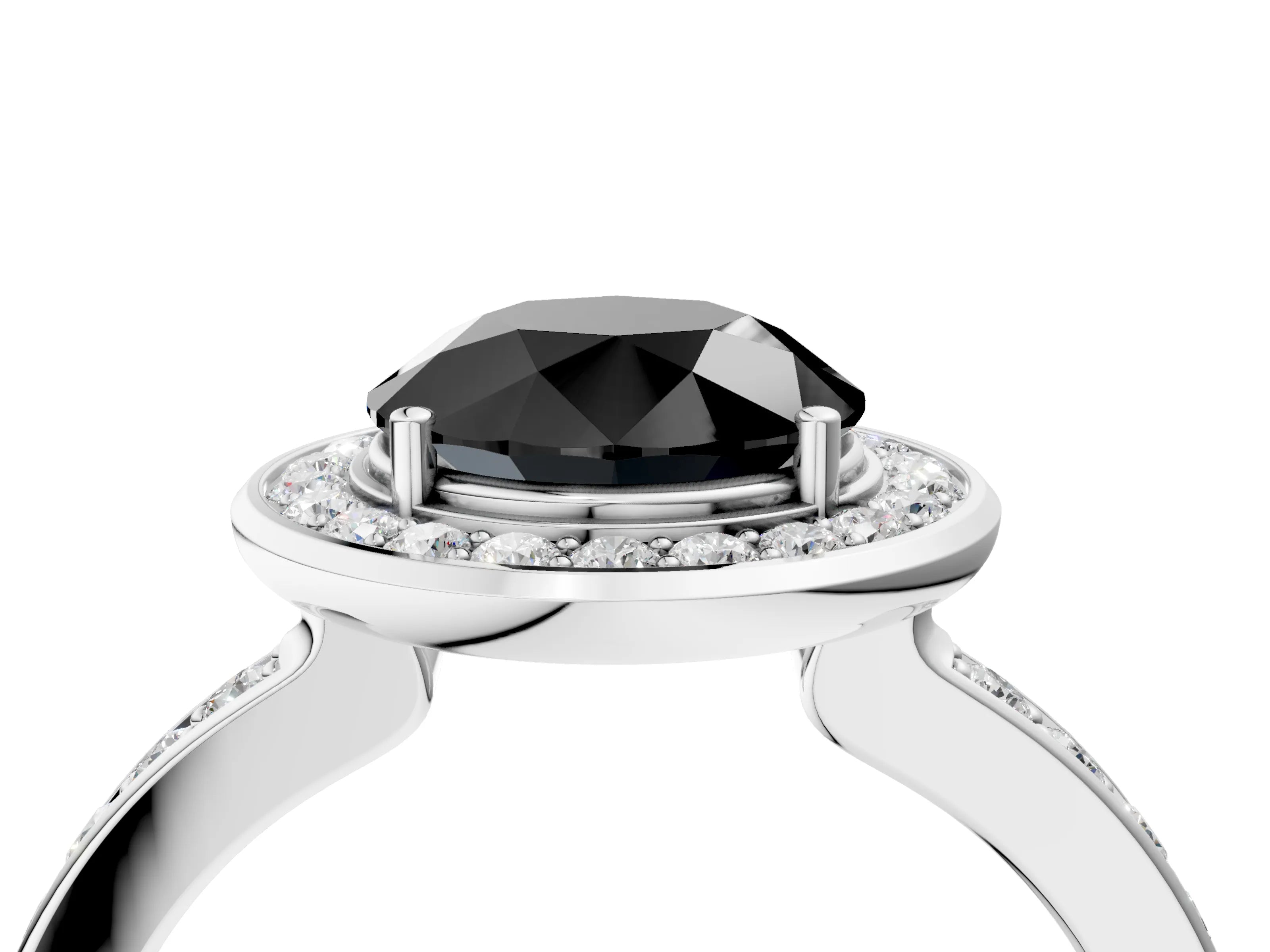 White gold Fancy Black Round Cut Diamond Halo Ring with Bezel Frame and Pavé Band_4