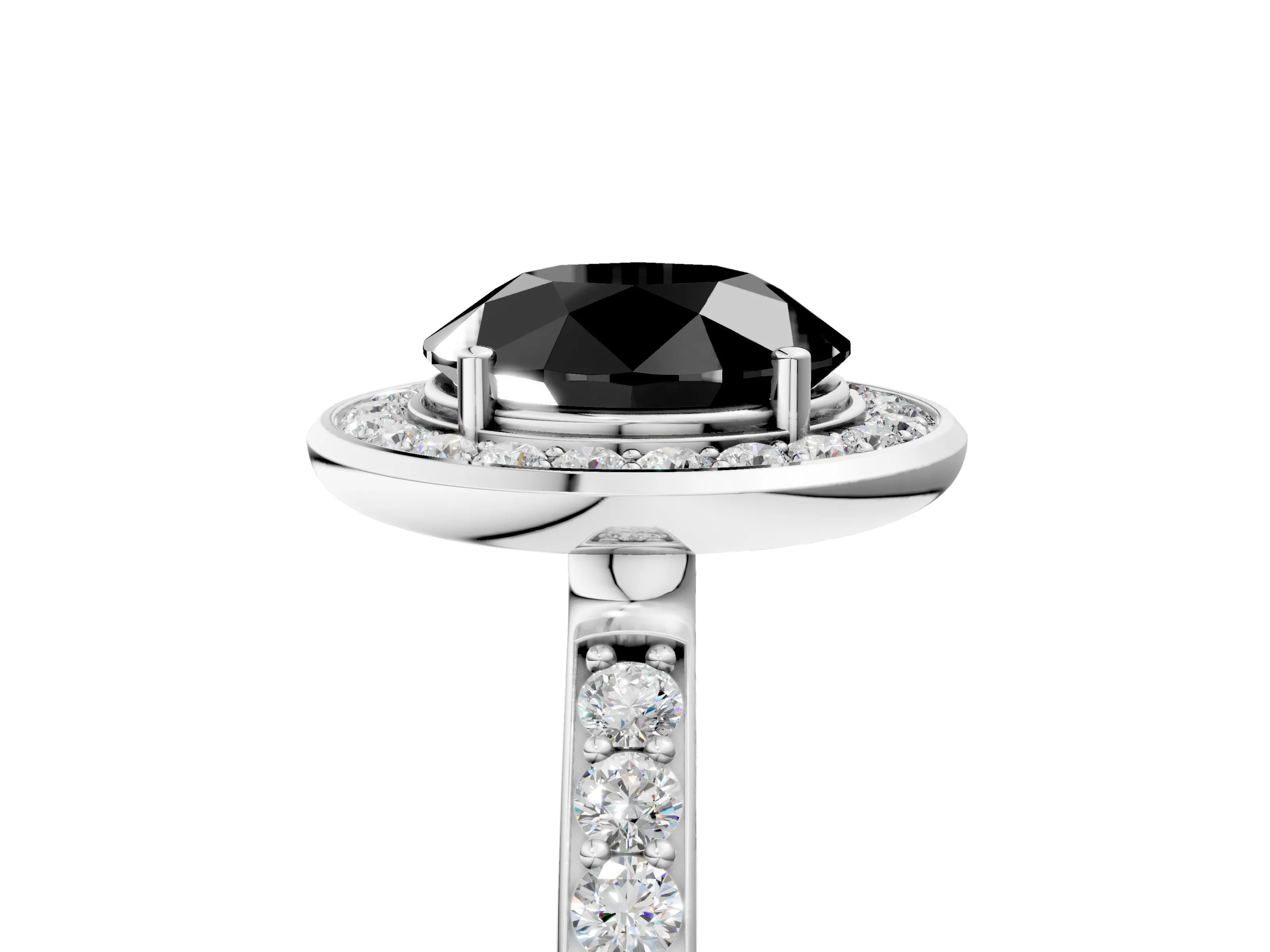 White gold Fancy Black Round Cut Diamond Halo Ring with Bezel Frame and Pavé Band_5